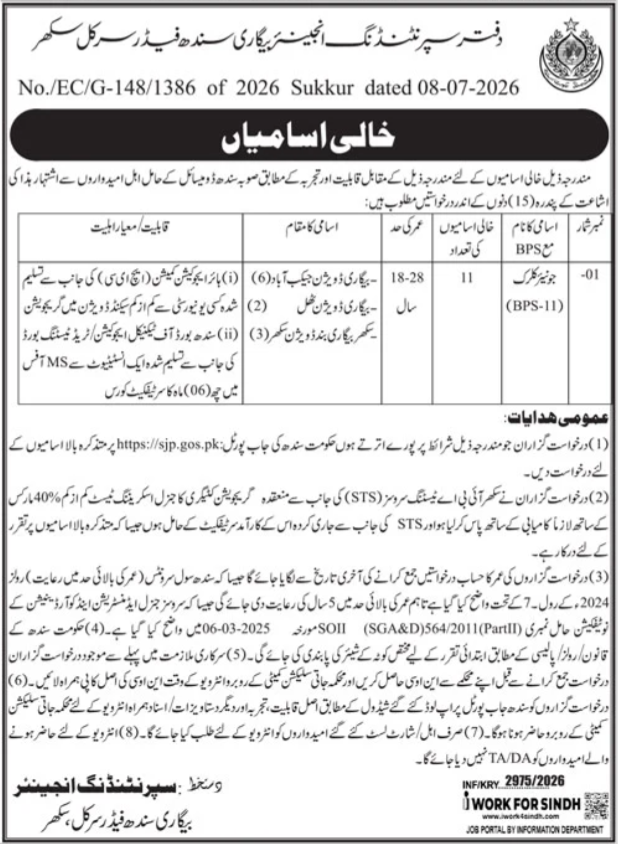 Superintending Engineer Bigari Sindh Feder Circle Sukkur Job — original advertisement