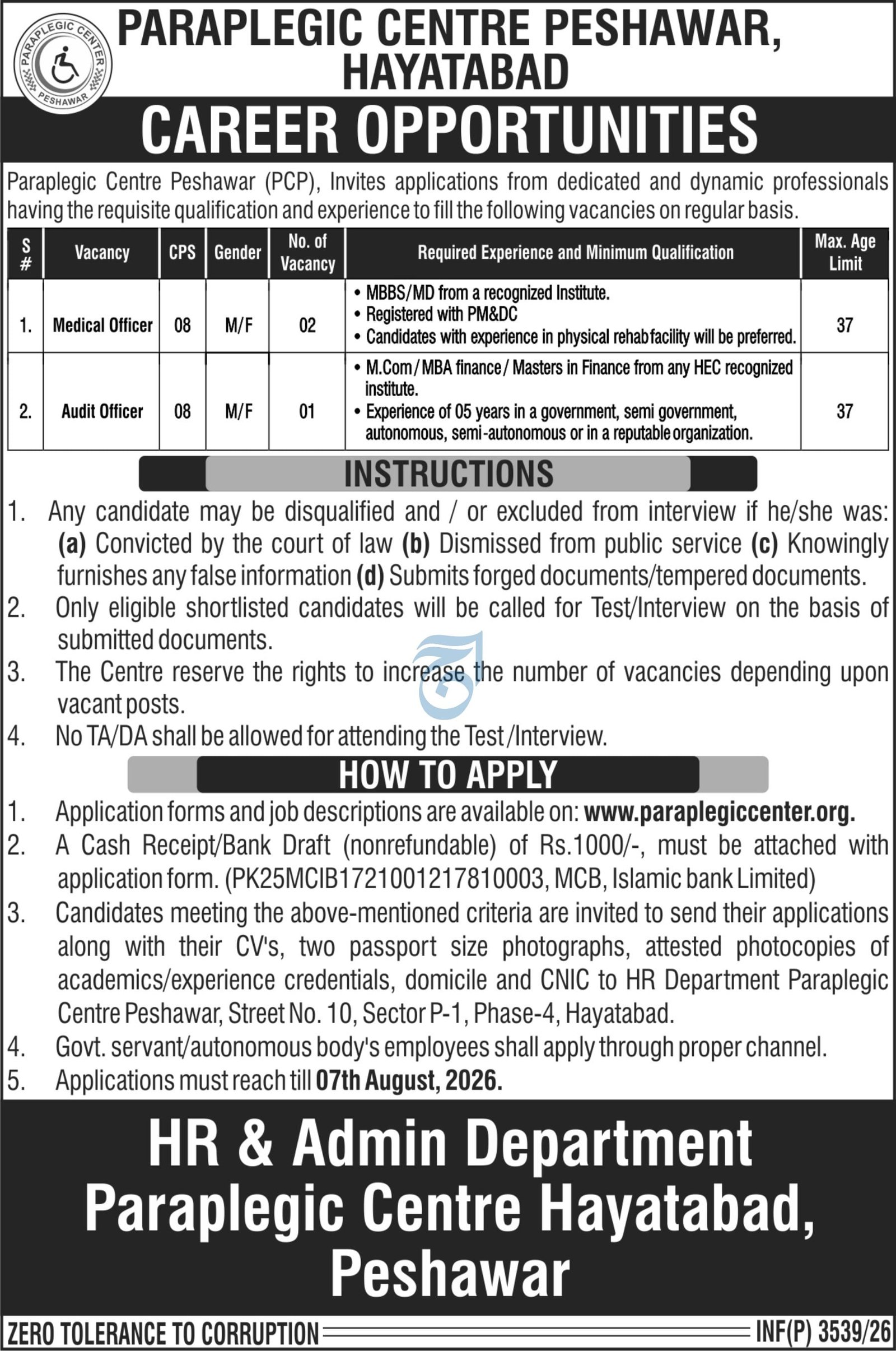 Paraplegic Centre Peshawar (PCP) Jobs 2026 — original advertisement