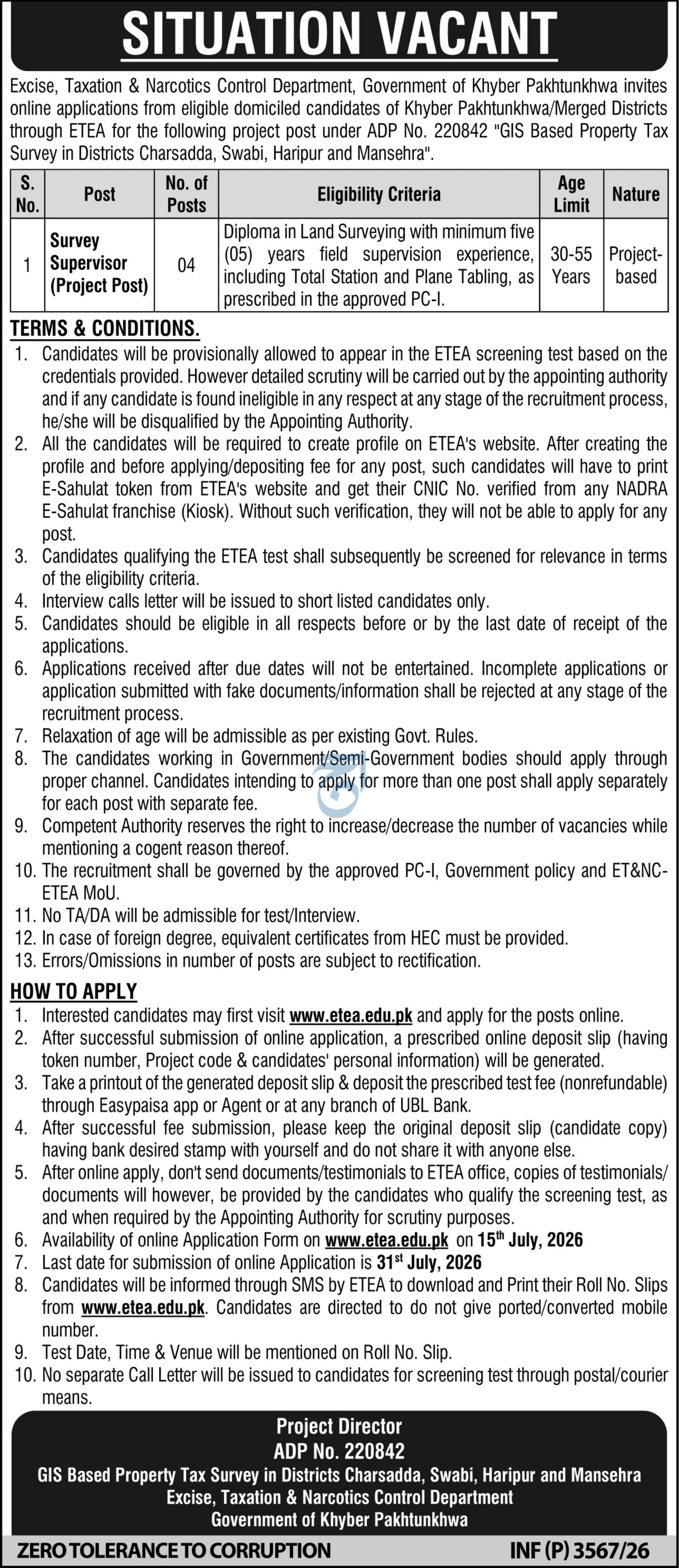 The Excise, Taxation & Narcotics Control Department Job 2026 — original advertisement