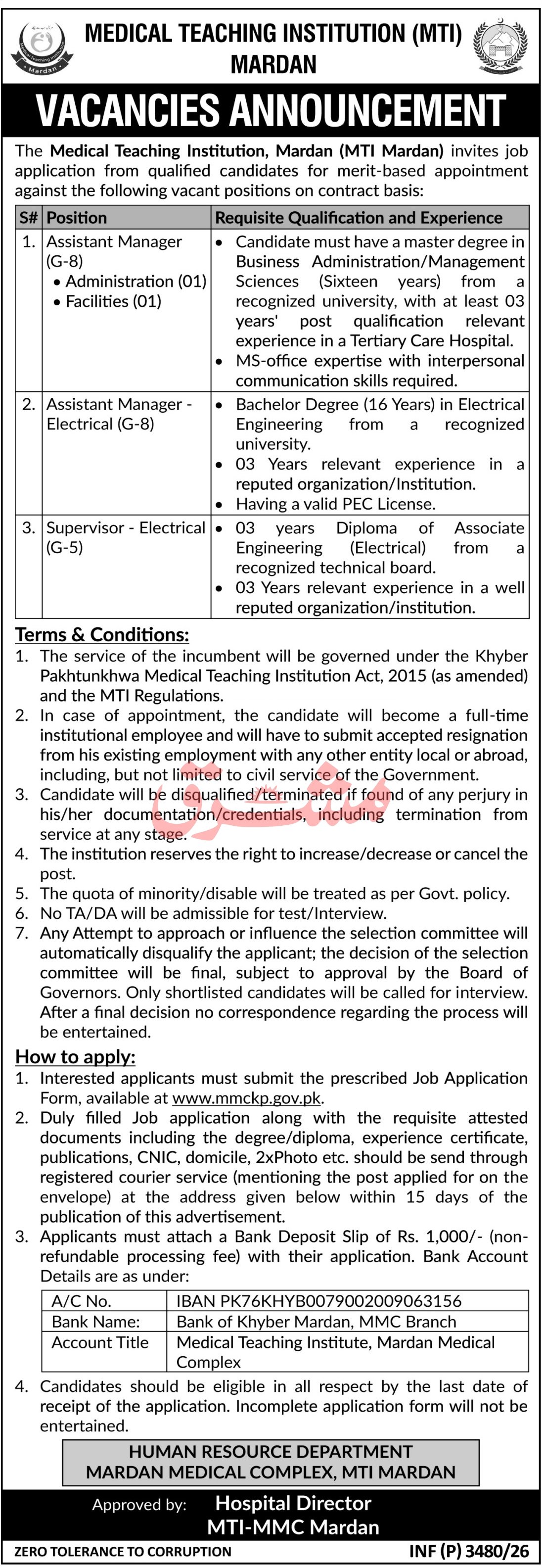 Medical Teaching Institution MTI Mardan Jobs 2026 — original advertisement