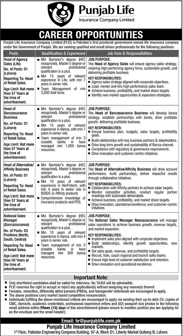 Punjab Life Insurance Company PLIC Lahore Jobs 2026 — original advertisement