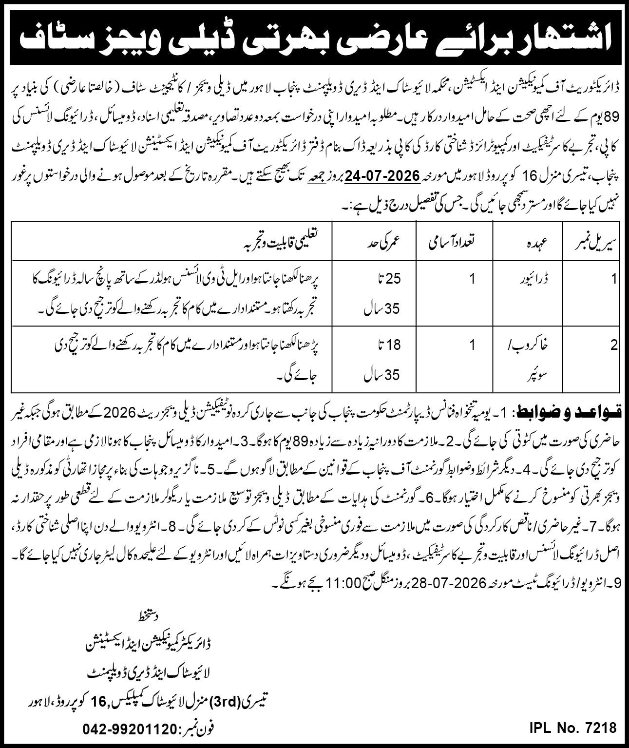Livestock & Dairy Development Department Lahore Jobs 2026 — original advertisement