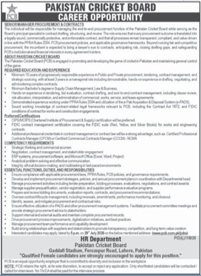 Pakistan Cricket Board PCB Lahore Job 2026 — original advertisement