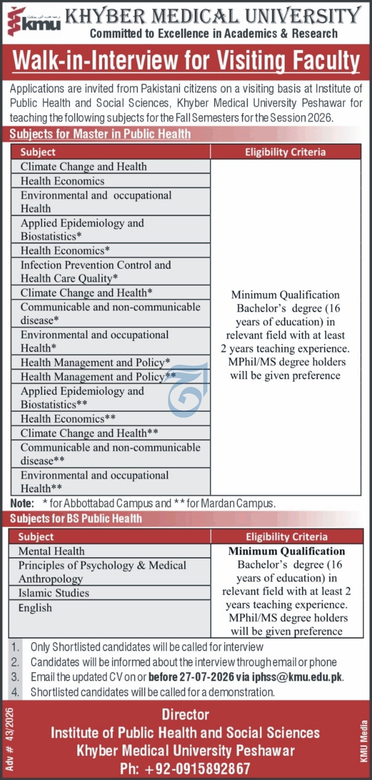 Khyber Medical University Jobs 2026 — original advertisement