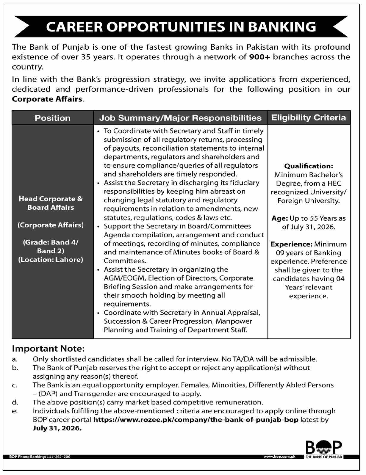 The Bank Of Punjab BOP Lahore Job 2026 — original advertisement