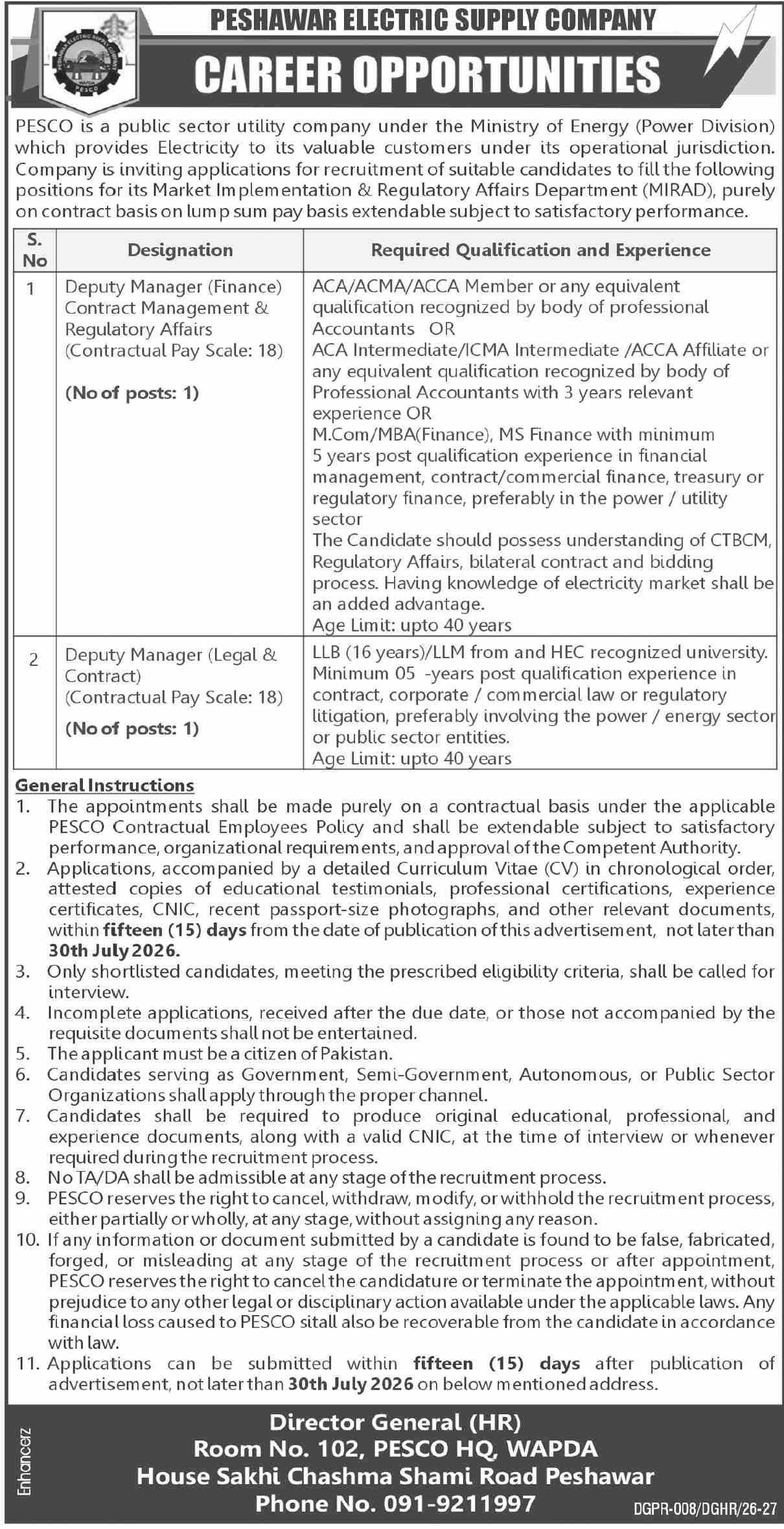Peshawar Electric Supply Company PESCO Jobs 2026 — original advertisement