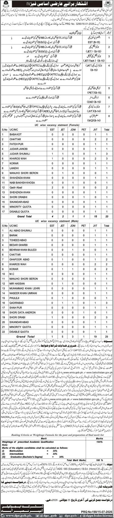 School Education Department District Naseerabad Jobs 2026 — original advertisement