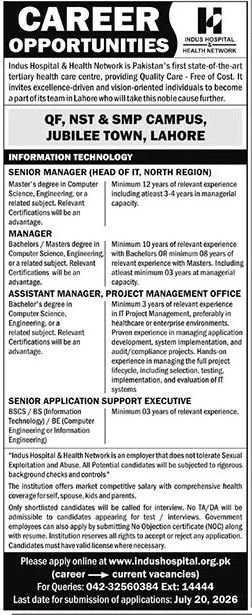 Indus Hospital & Health Network Lahore Jobs 2026 — original advertisement