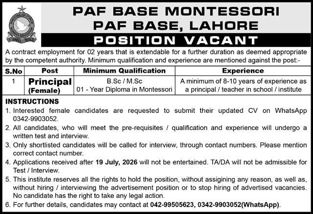 Base Montessori PAF Base Lahore Job 2026 — original advertisement