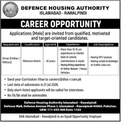 Defence Housing Authority DHA Islamabad Job 2026 — original advertisement