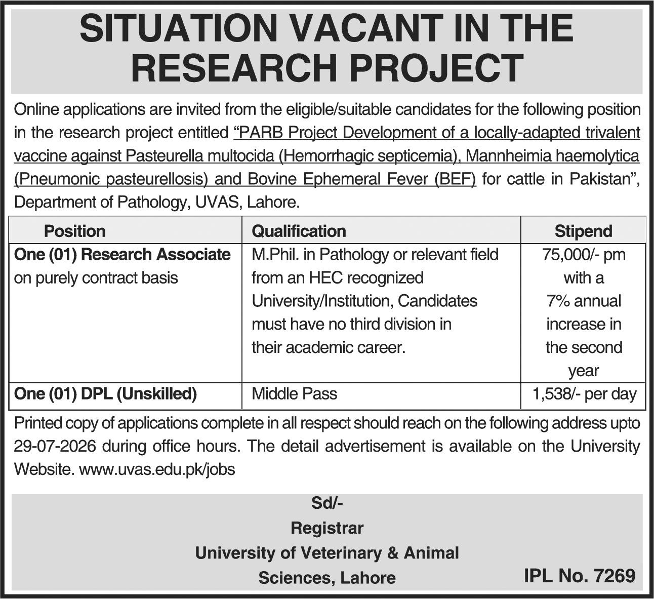 University Of Veterinary & Animal Sciences Lahore Jobs 2026 — original advertisement