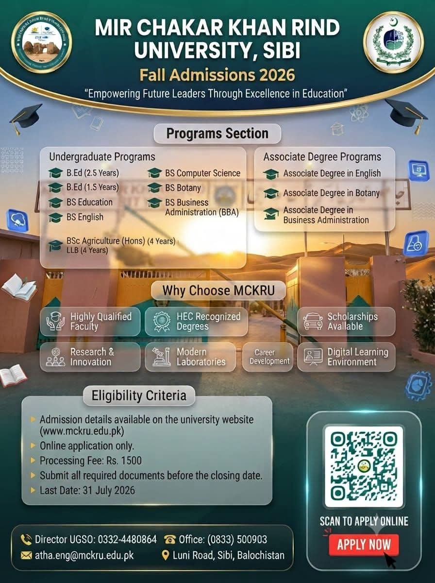 Admission Open in Mir Chakar Khan Rind University — original advertisement