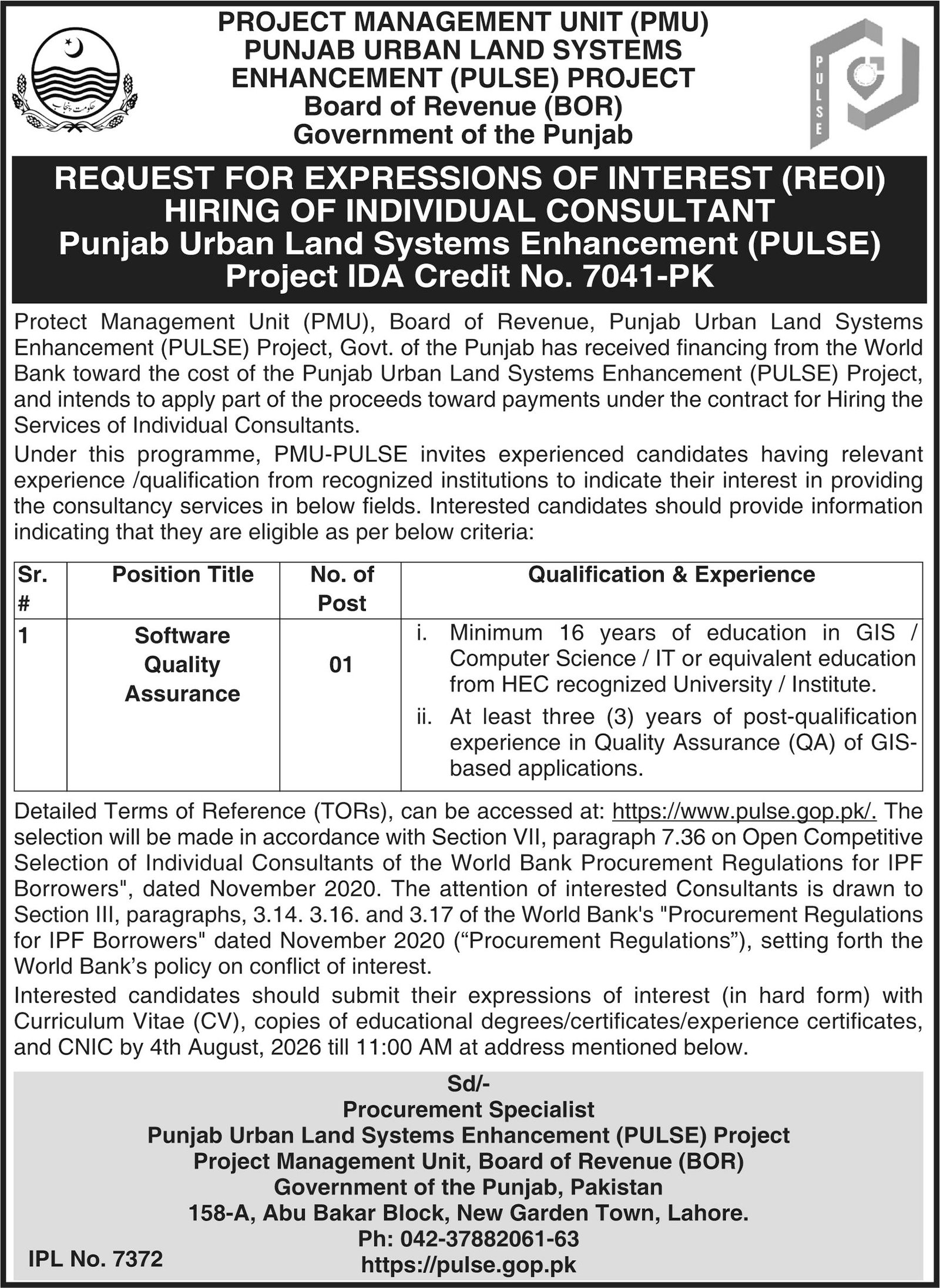 Punjab Urban Land Systems Enhancement PULSE Jobs 2026 — original advertisement