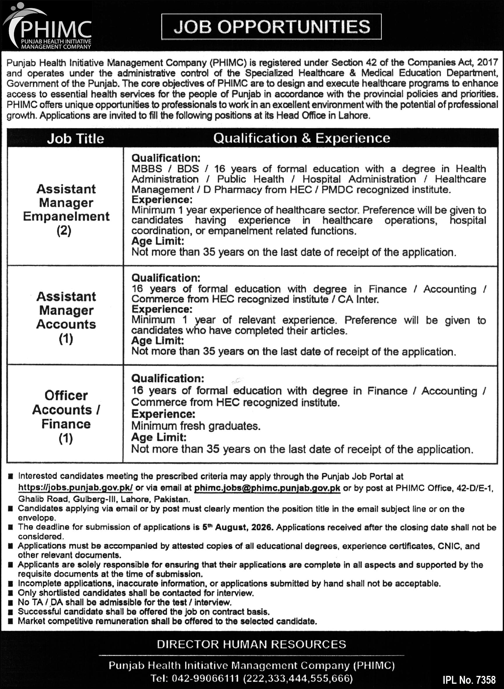 Punjab Health Initiative Management Company PHIMC Jobs 2026 — original advertisement