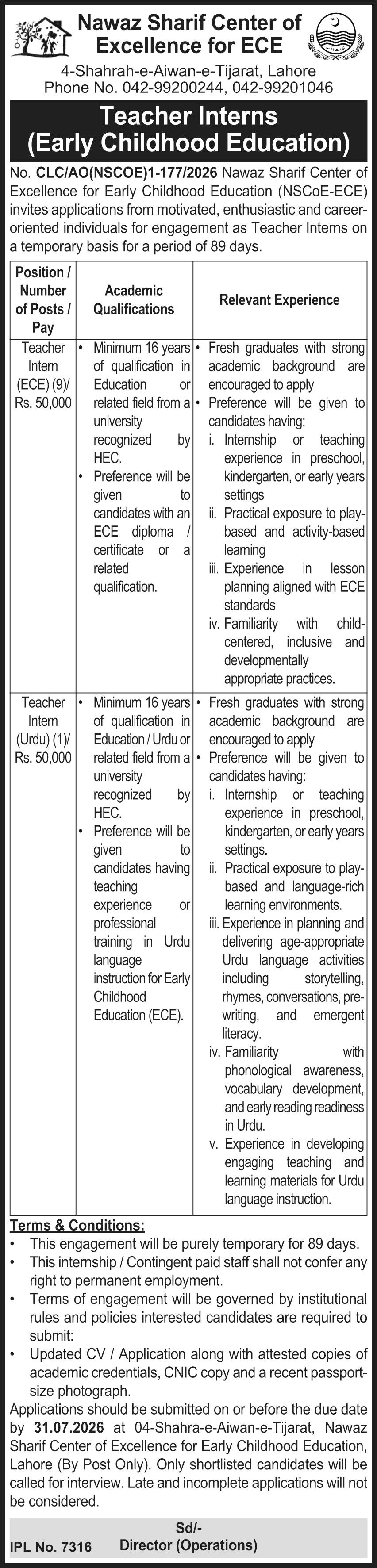 Nawaz Sharif Center Of Excellence For ECE Jobs 2026 — original advertisement