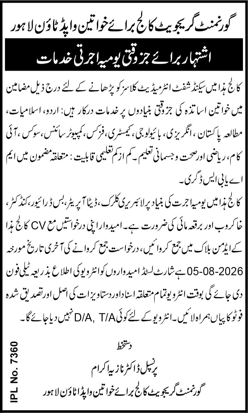 Government Graduate College For Women Lahore Jobs 2026 — original advertisement