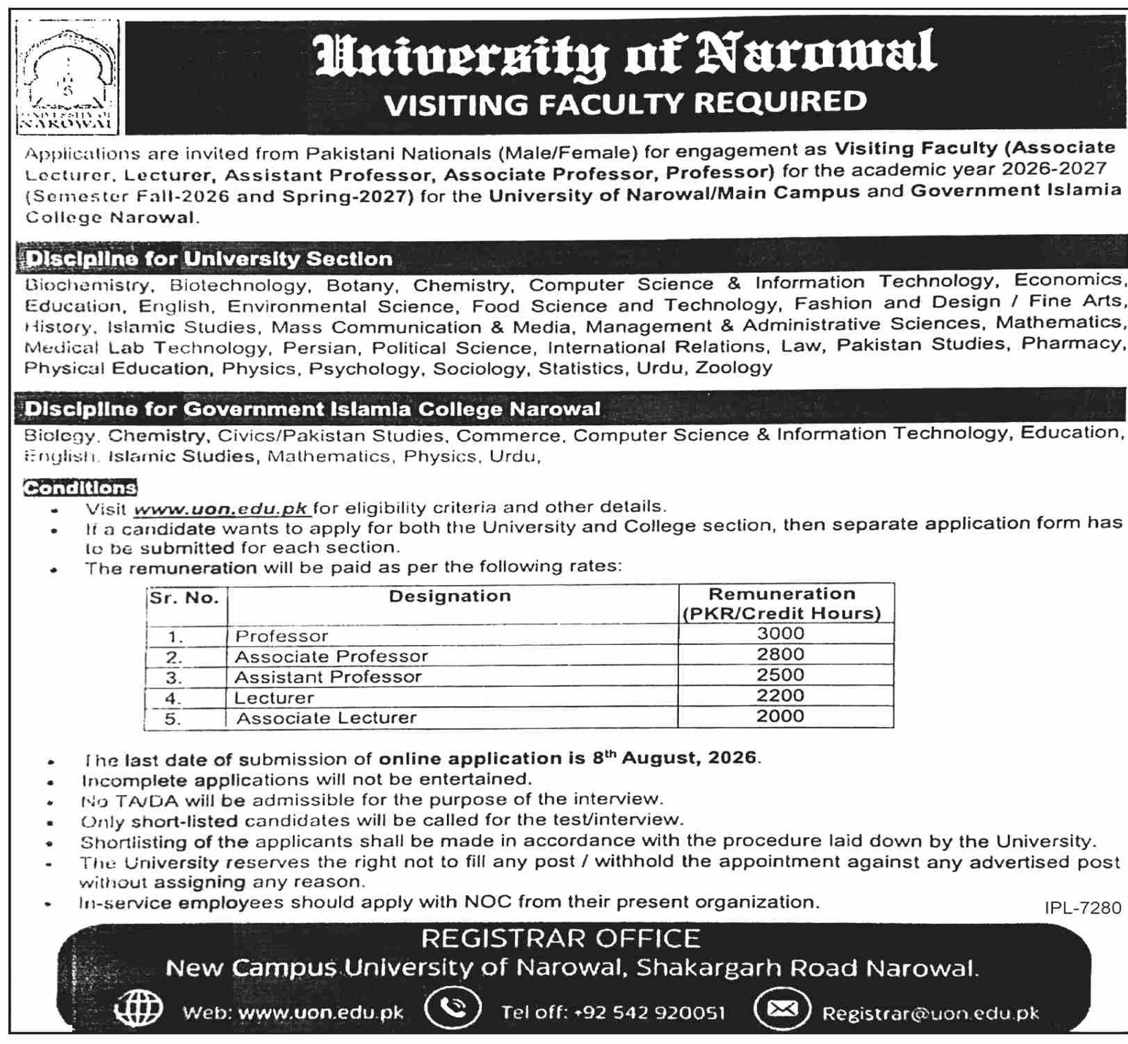 University Of Narowal Visiting Faculty Jobs 2026 — original advertisement