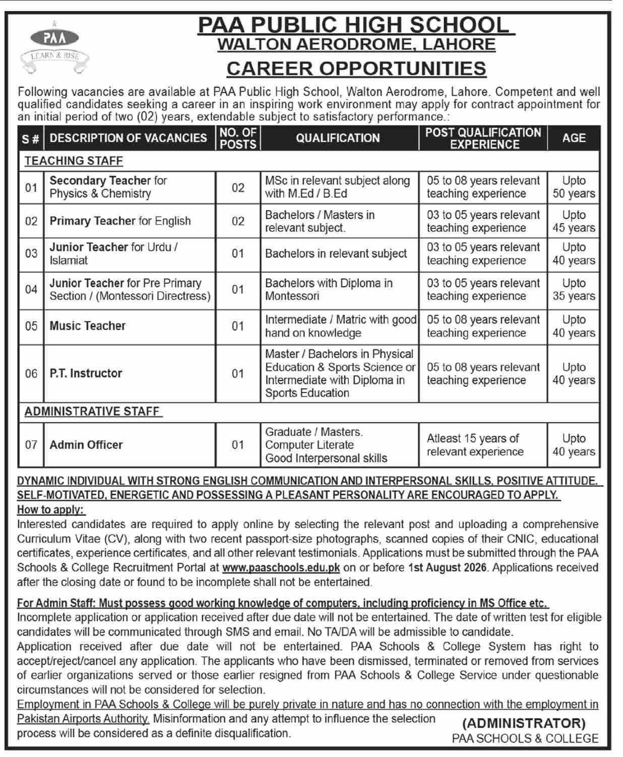 PAA Public High School Walton Aerodrome Lahore Jobs 2026 — original advertisement