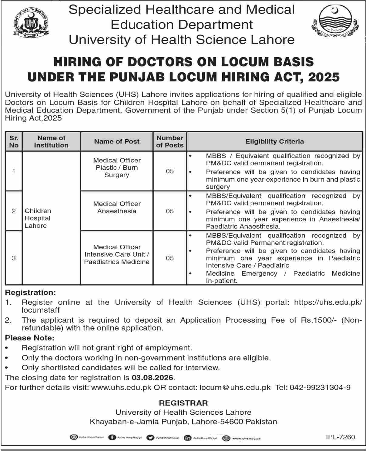 University Of Health Sciences UHS Lahore Jobs 2026 — original advertisement