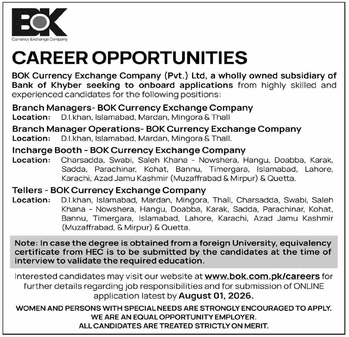 The Bank of Khyber BOK Peshawar Jobs 2026 — original advertisement