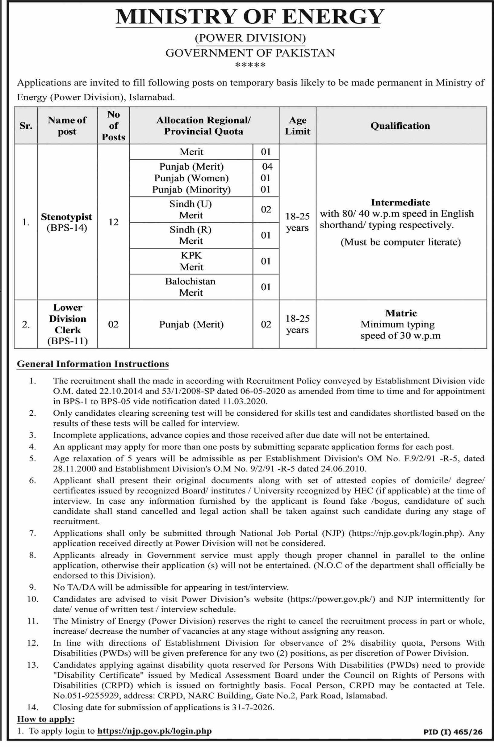 Power Division Ministry Of Energy Islamabad Jobs 2026 — original advertisement