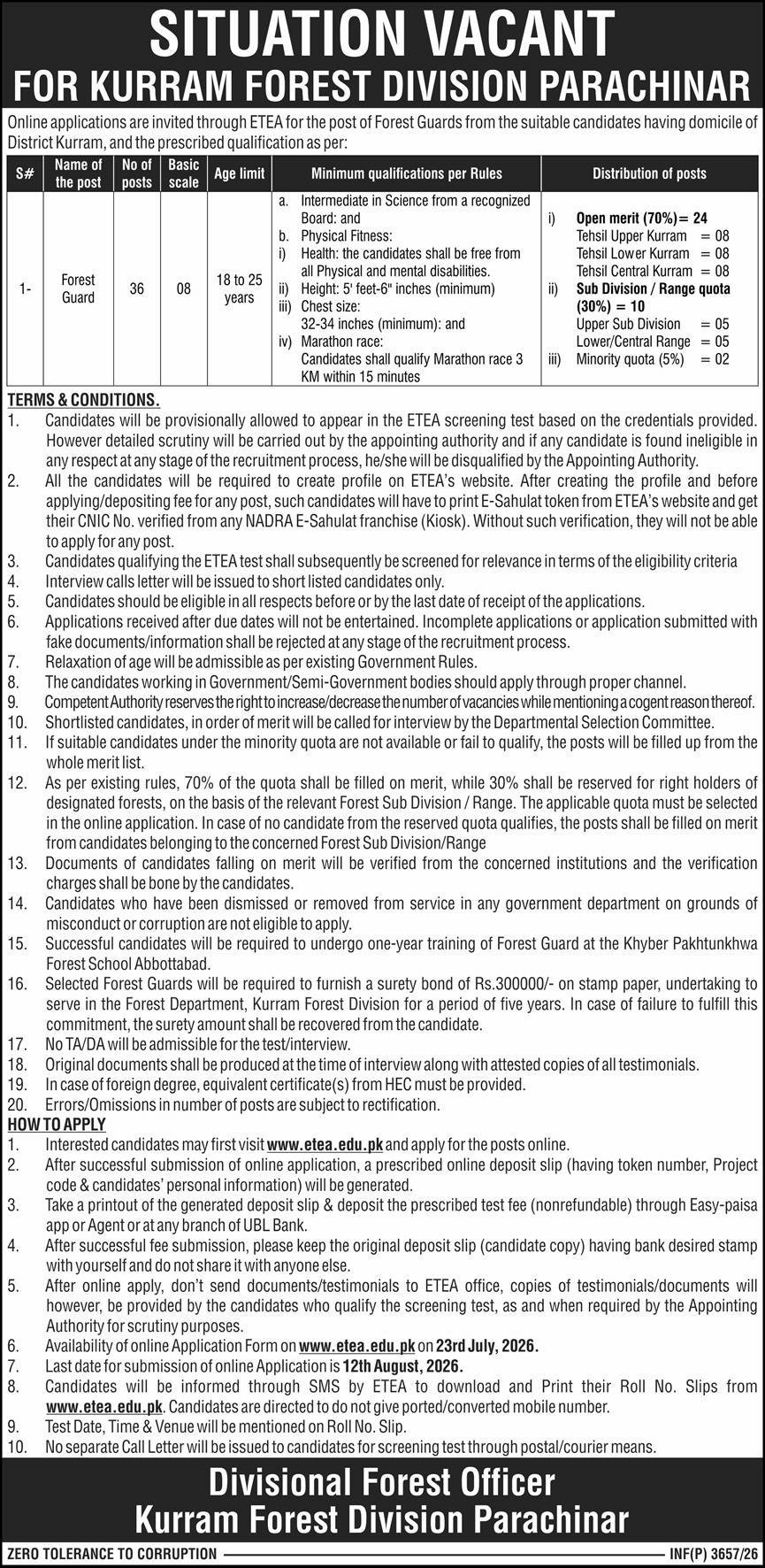 Kurram Forest Division Parachinar Jobs 2026 For Forest Guard — original advertisement