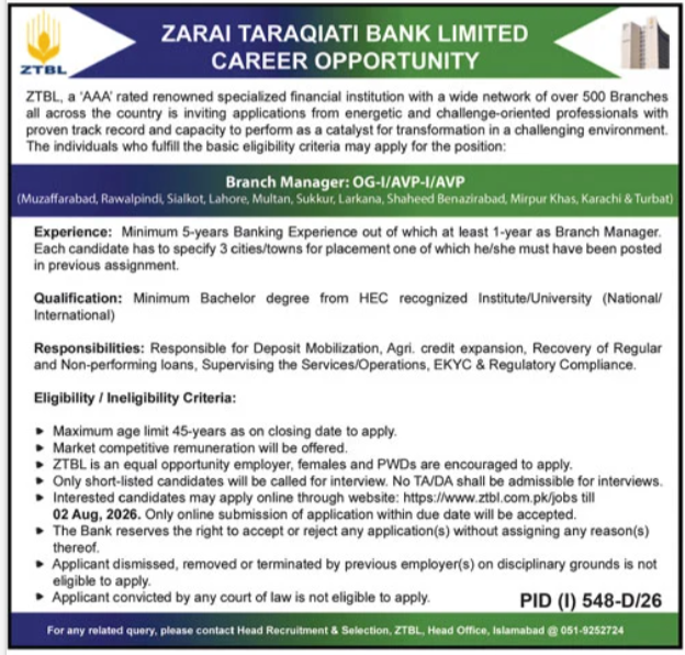 Zarai Taraqiati Bank Limited ZTBL Islamabad Job 2026 — original advertisement