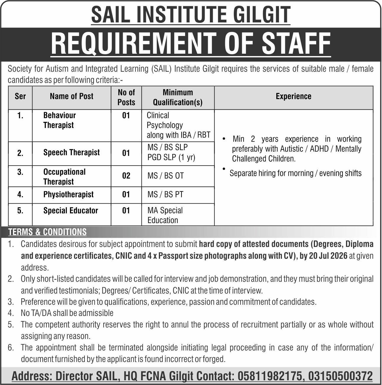 Society For Autism And Integrated Learning Gilgit Jobs 2026 — original advertisement