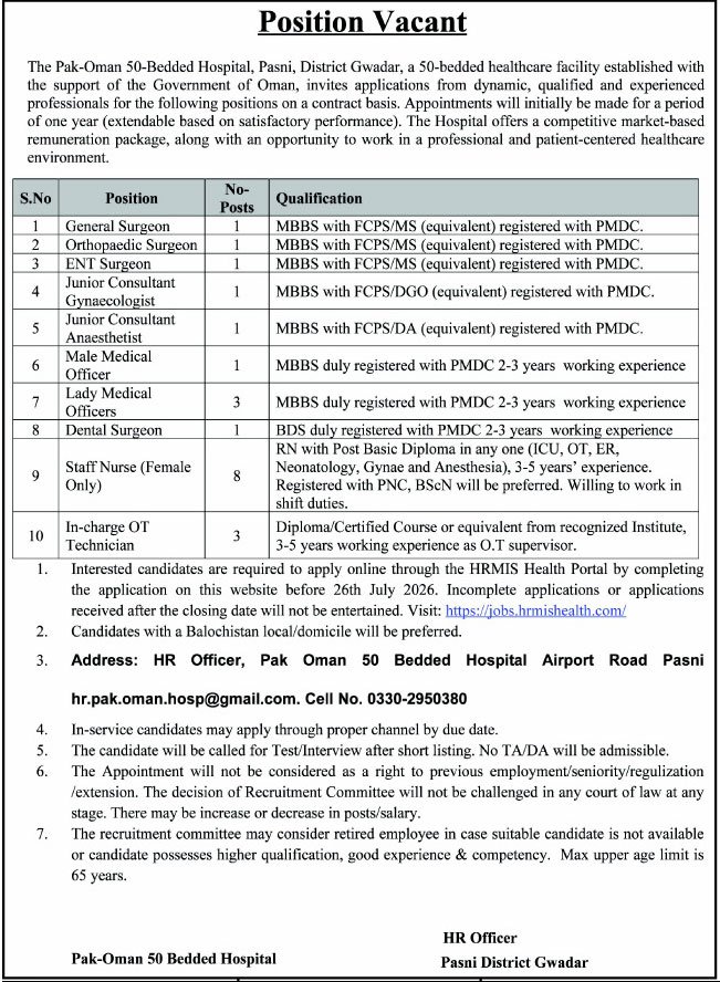 Pak Oman 50 Bedded Hospital POH Pasni Jobs 2026 — original advertisement