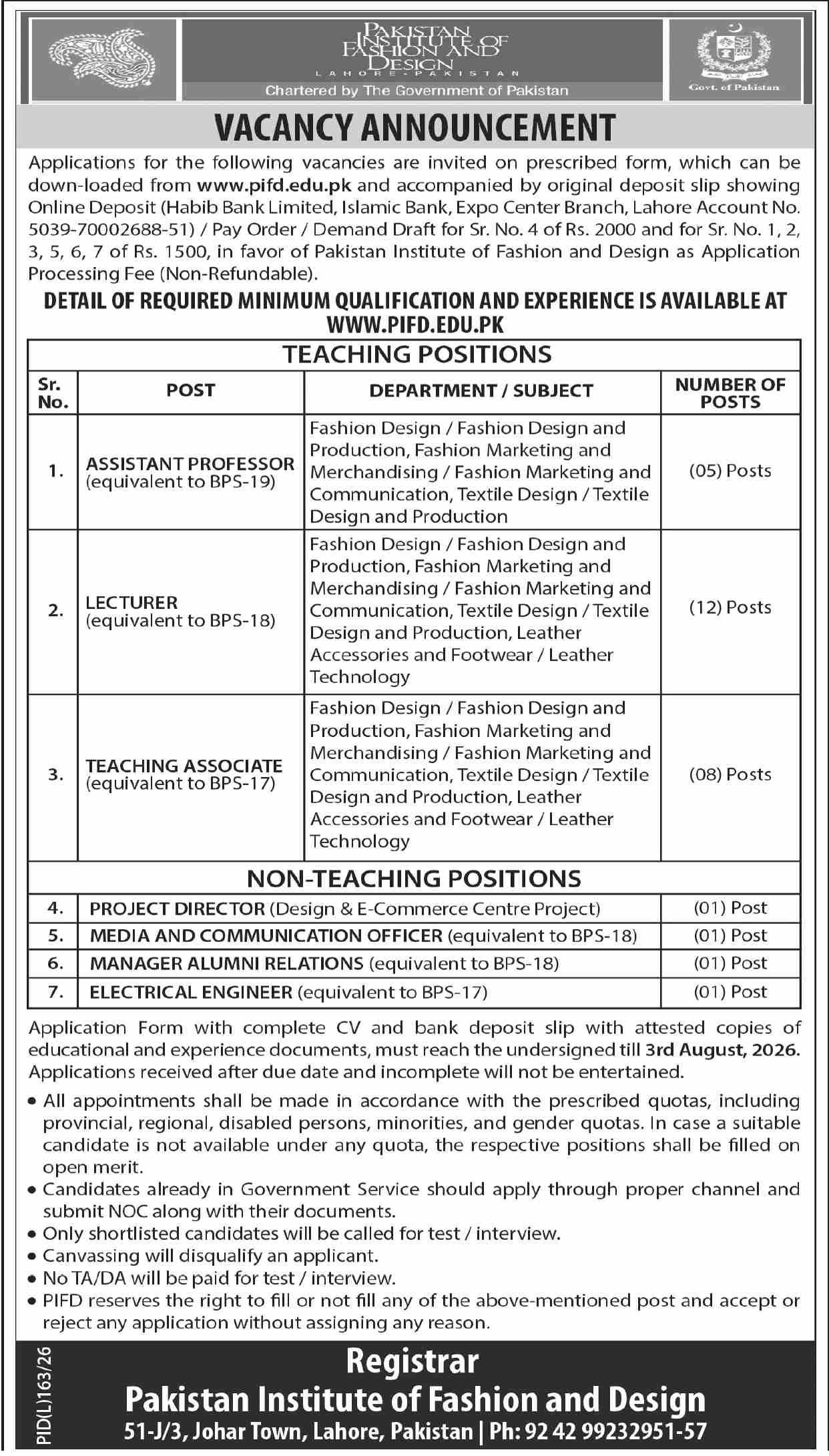 Pakistan Institute Of Fashion And Design Jobs 2026 — original advertisement
