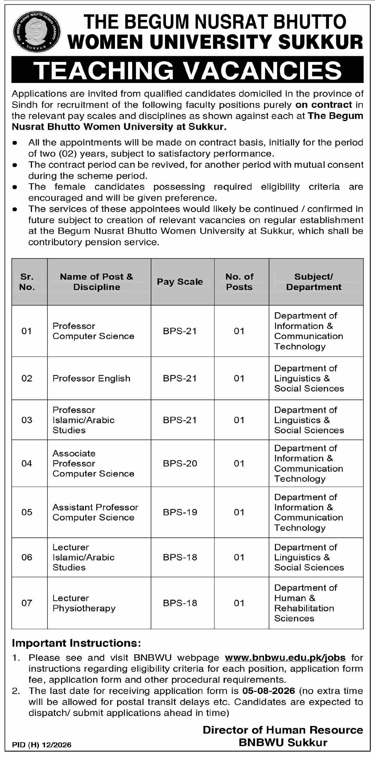 The Begum Nusrat Bhutto Women University Jobs 2026 — original advertisement