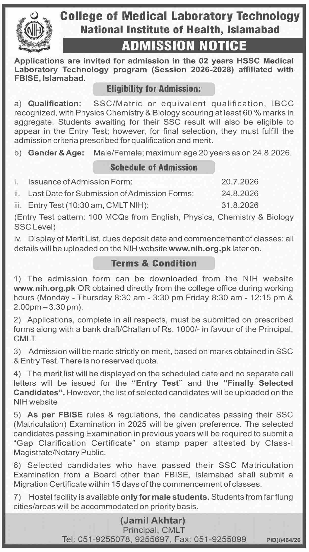 Admission Open in National Institute of Health Islamabad — original advertisement