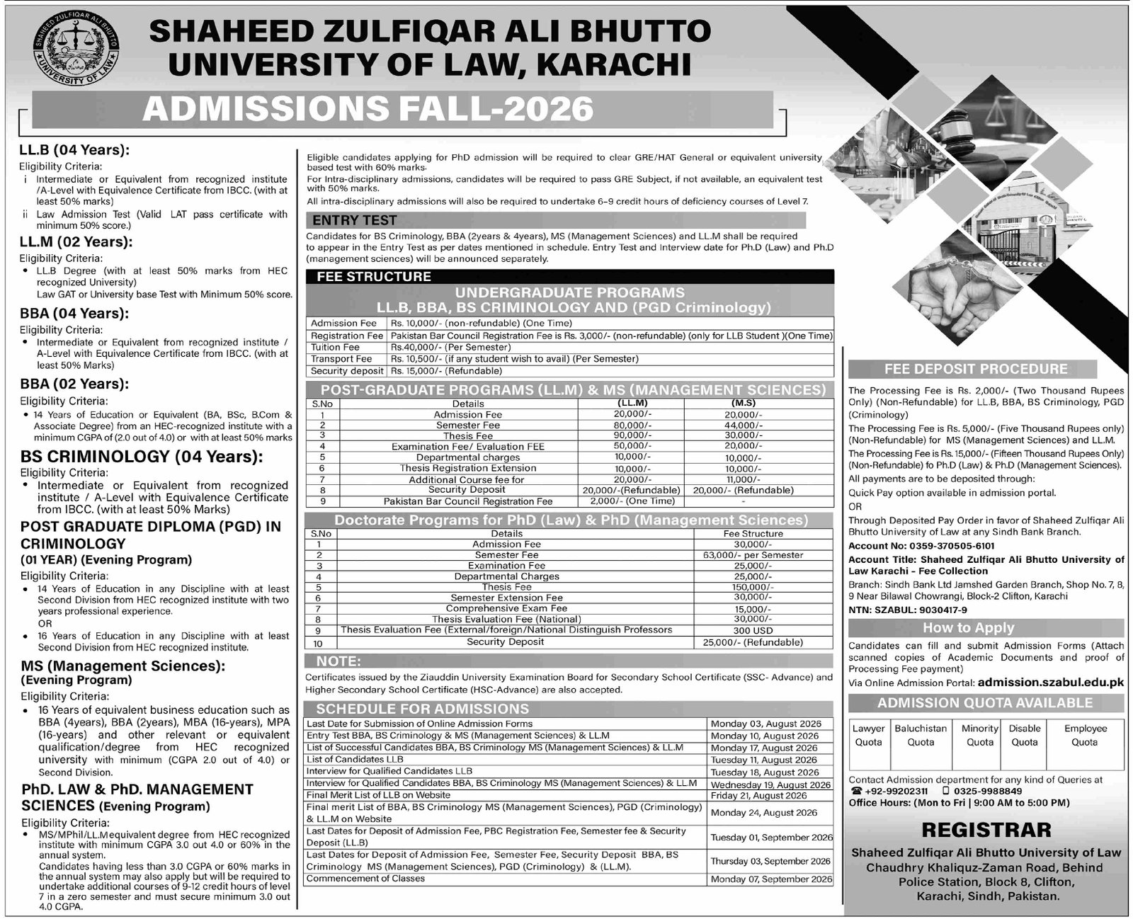 Admission Open in Shaheed Zulifiqar Ali Bhutto University of — original advertisement