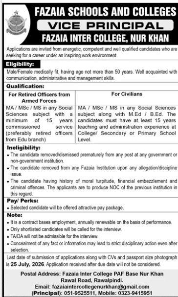 Fazaia Inter College Nur Khan Rawalpindi Jobs 2026 — original advertisement