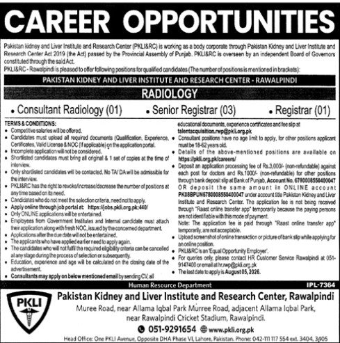 Pakistan kidney And Liver Institue Jobs 2026 — original advertisement