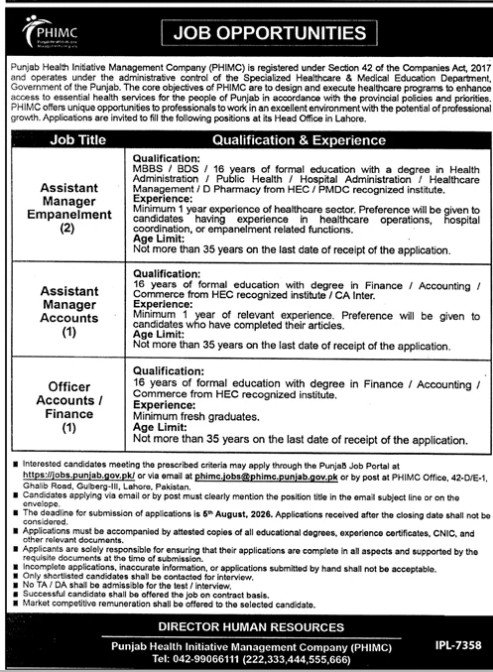 Punjab Health Initiative Management Company Jobs 2026 — original advertisement