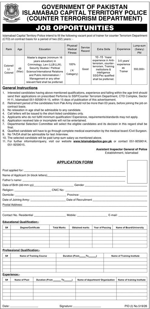 Islamabad Capital Territory Police Department Jobs 2026 — original advertisement