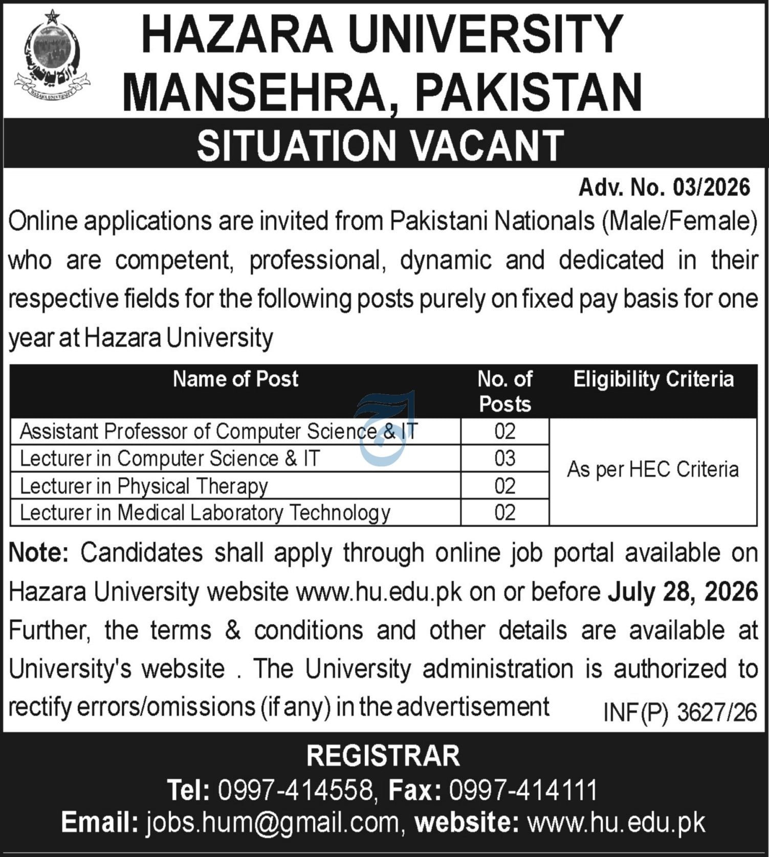 Hazara University Mansehra 2026 — original advertisement