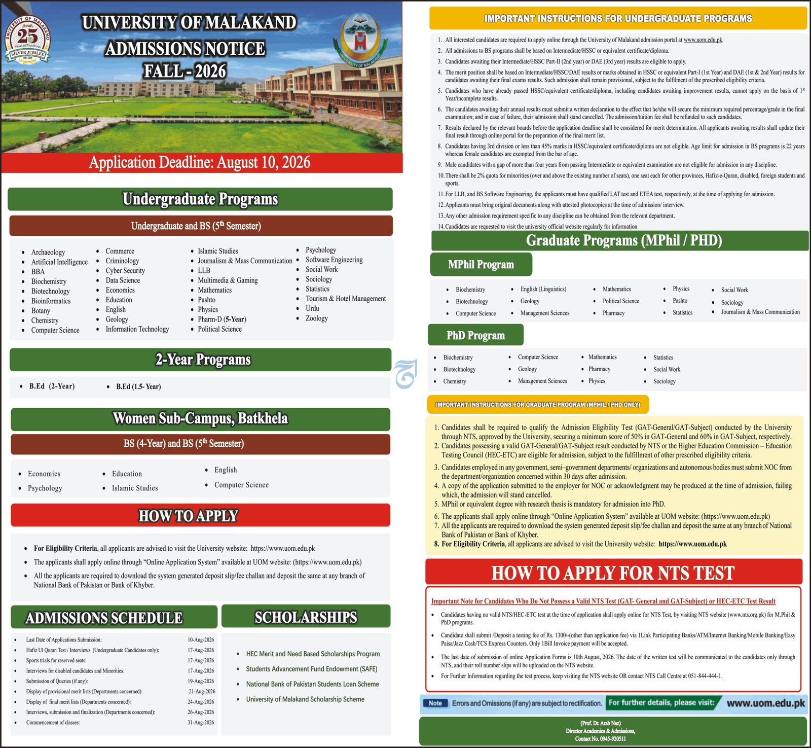 Admission Open in University of Malakand Lower Dir 2026 — original advertisement