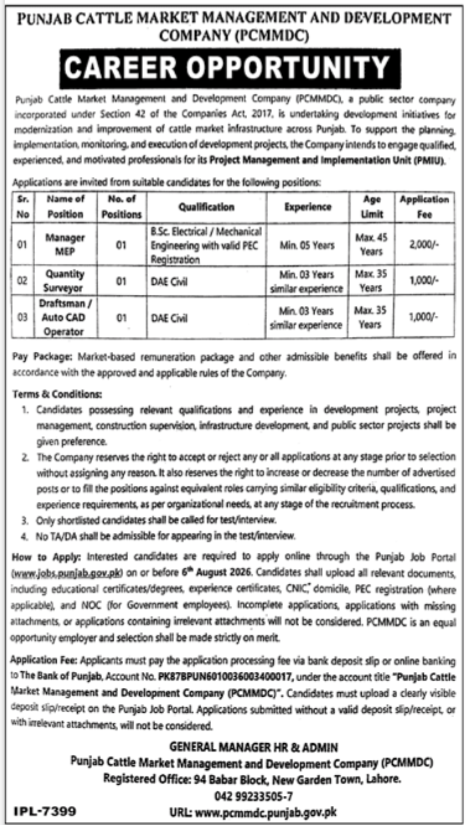 Punjab Cattle Market Management & Development Company Jobs — original advertisement