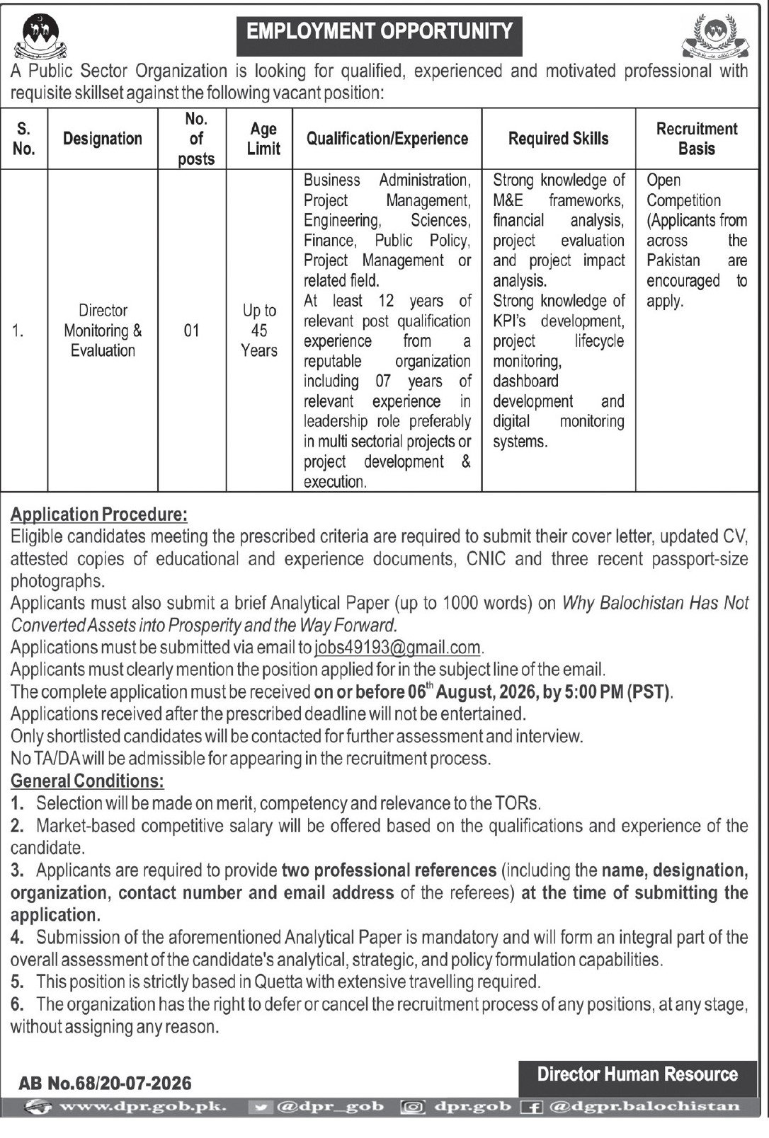 Public Sector Organization Quetta Job 2026 — original advertisement