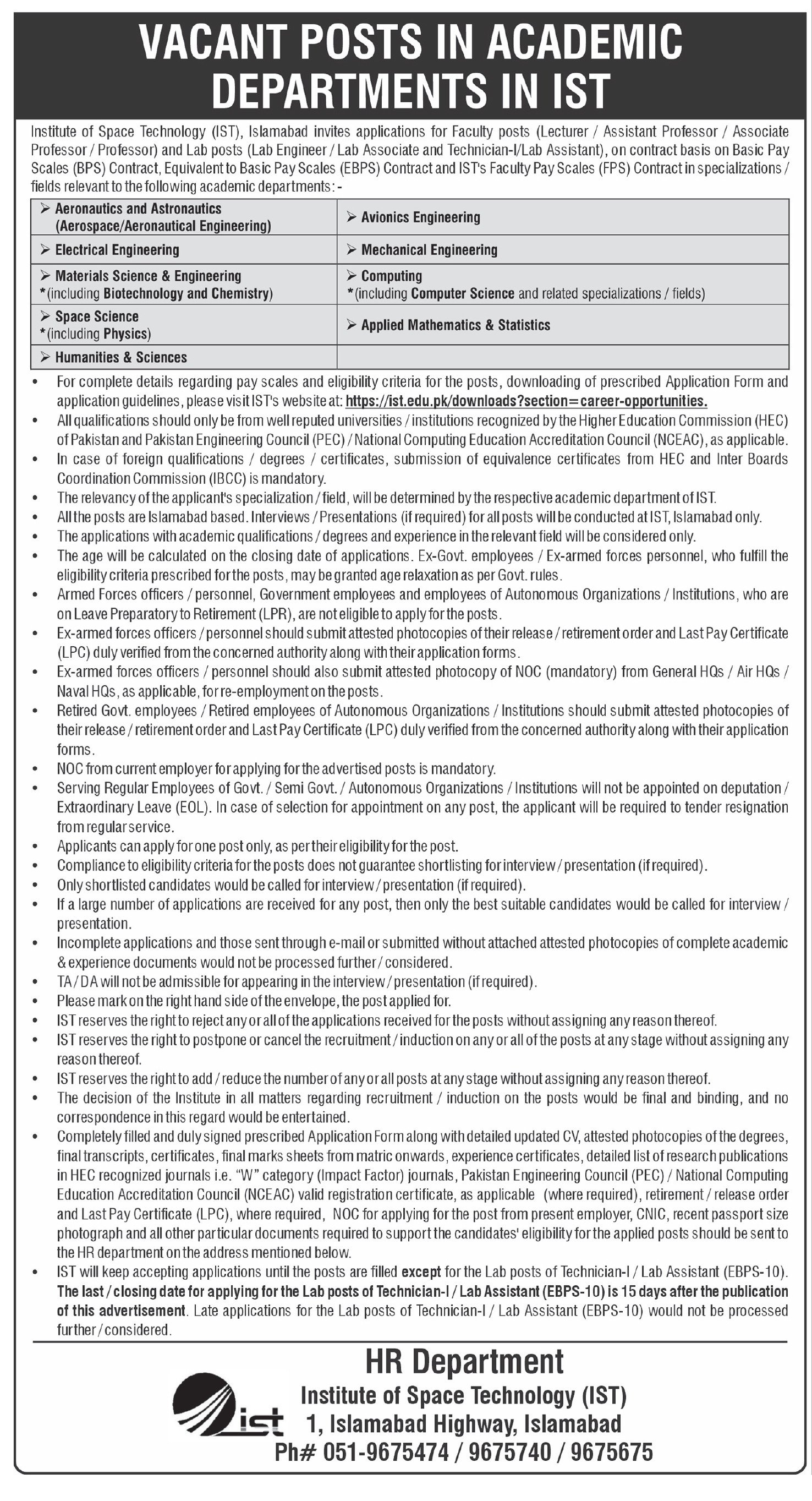 Institute Of Space Technology IST Islamabad JOb 2026 — original advertisement