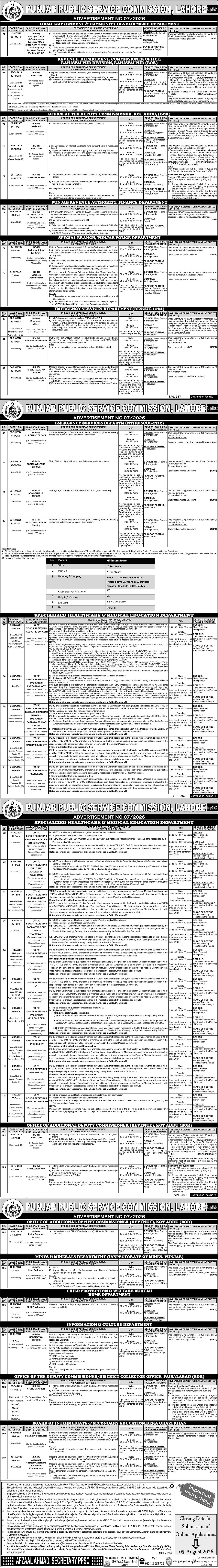 Punjab Public Service Commission PPSC Lahore Jobs 07/2026 — original advertisement