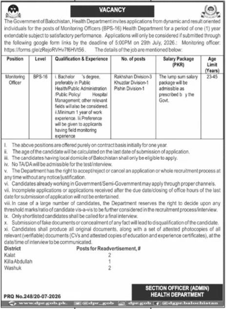 Health Department Quetta Job 2026 — original advertisement