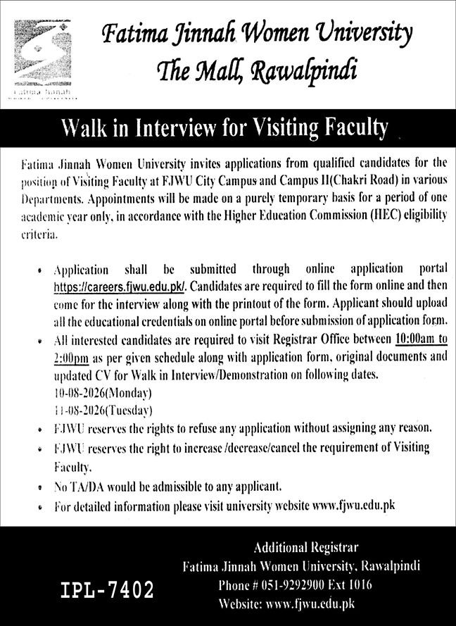 Fatima Jinnah Women University Rawalpindi Jobs 2026 — original advertisement