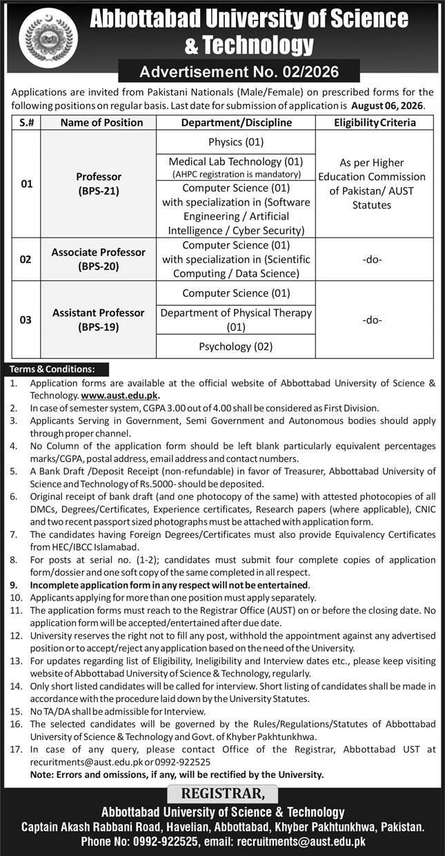 Abbottabad University of Science & Technology Jobs 2026 — original advertisement