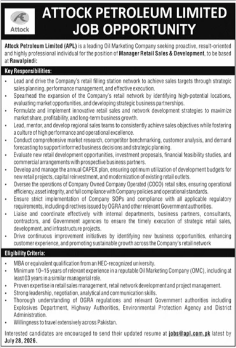 Attock Petroleum Limited APL Jobs 2026 For Manager — original advertisement