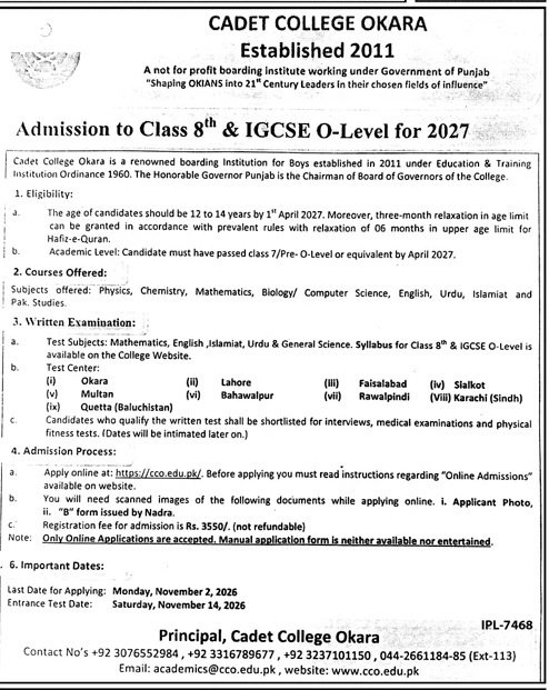 Admission to Class 8th Cadet College Okara 2026 — original advertisement