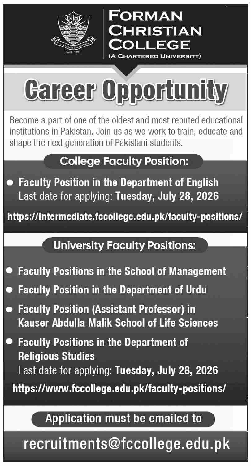 Forman Christian College Lahore Jobs 2026 — original advertisement