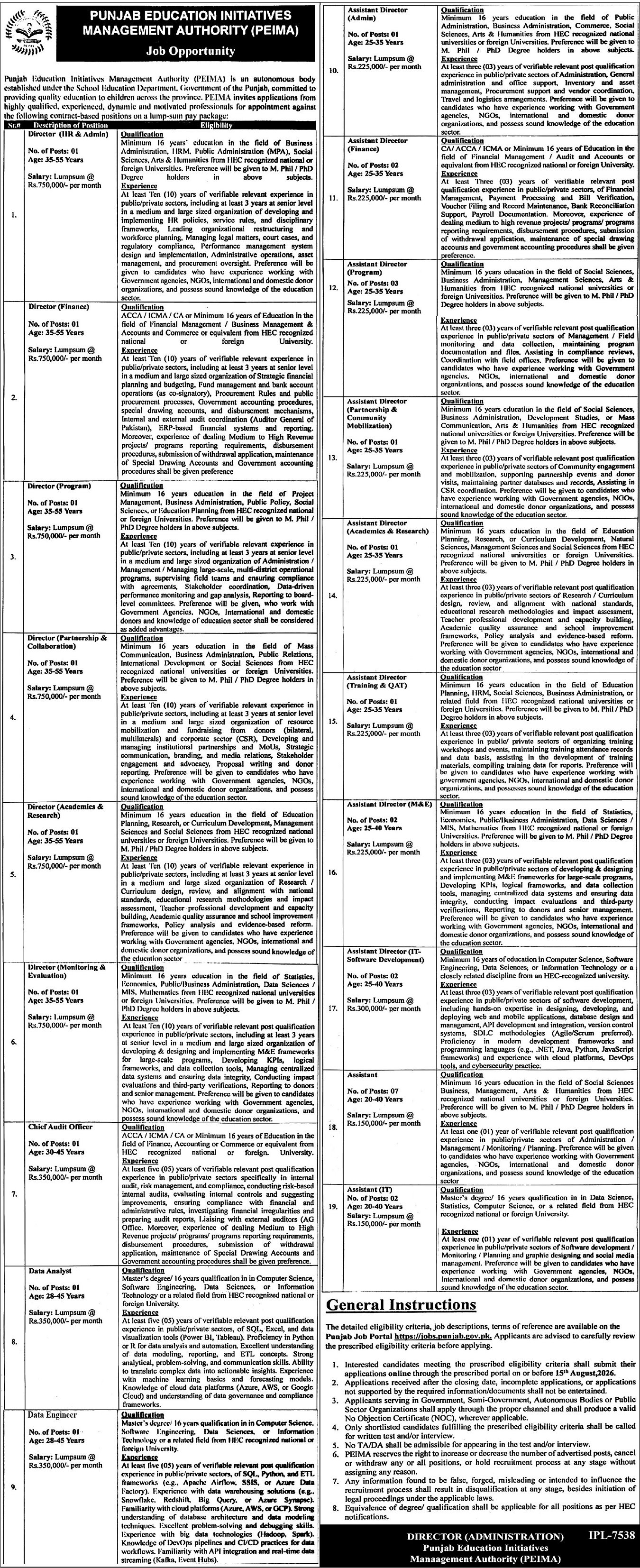 Punjab Education Initiative Management Authority PEIMA Jobs — original advertisement